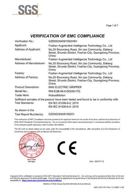 China Foshan Augmented Intelligence Technology Co., Ltd Certificações